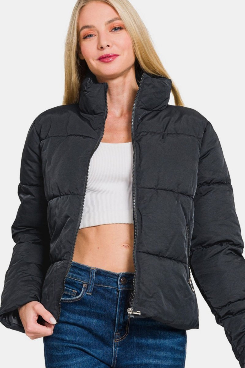 Zenana Zip Up Turtleneck Puffer Jacket with Pockets - S. M. & Co.