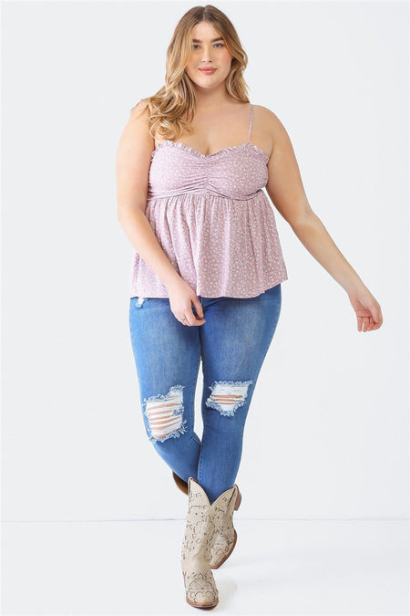 Zenobia Plus Size Frill Smocked Floral Sweetheart Neck Cami - AnAs Market