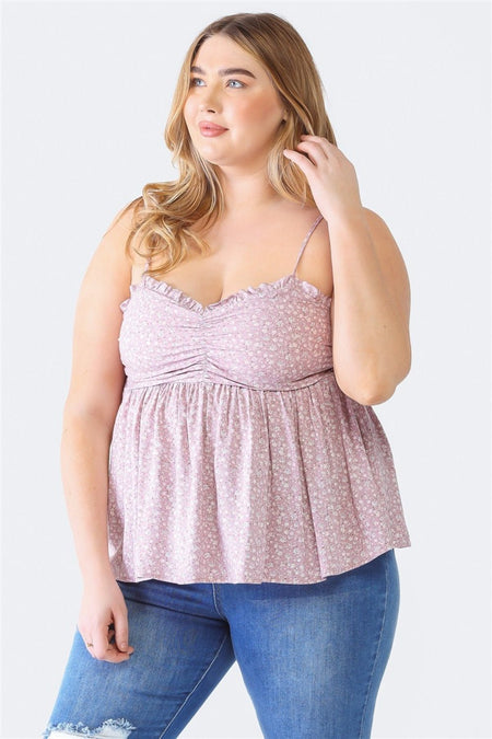 Zenobia Plus Size Frill Smocked Floral Sweetheart Neck Cami - AnAs Market