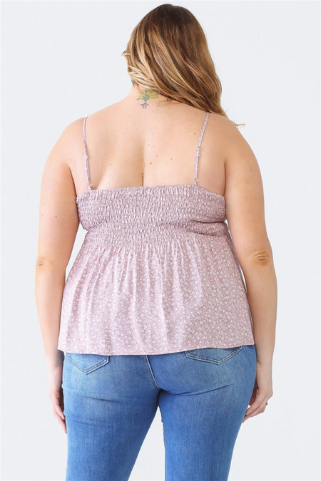 Zenobia Plus Size Frill Smocked Floral Sweetheart Neck Cami - AnAs Market