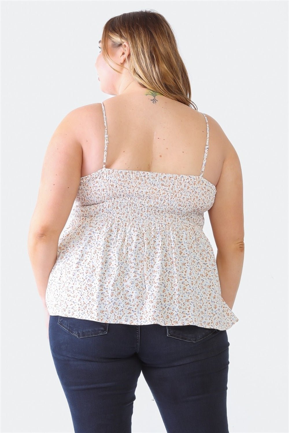 Zenobia Plus Size Frill Smocked Floral Sweetheart Neck Cami - AnAs Market