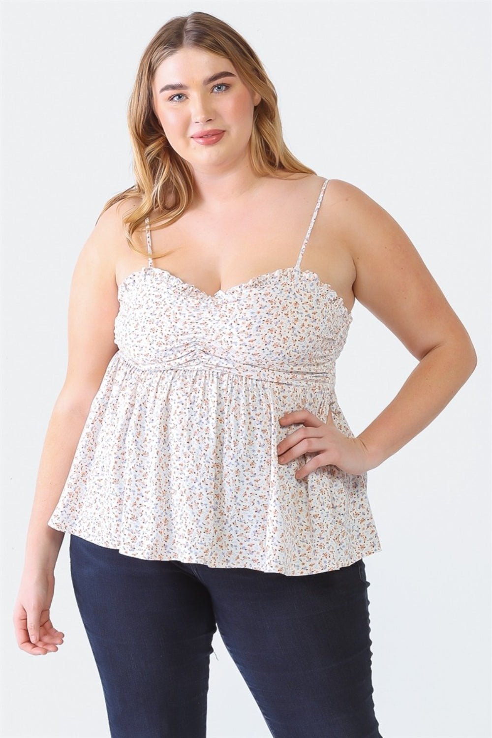 Zenobia Plus Size Frill Smocked Floral Sweetheart Neck Cami - AnAs Market