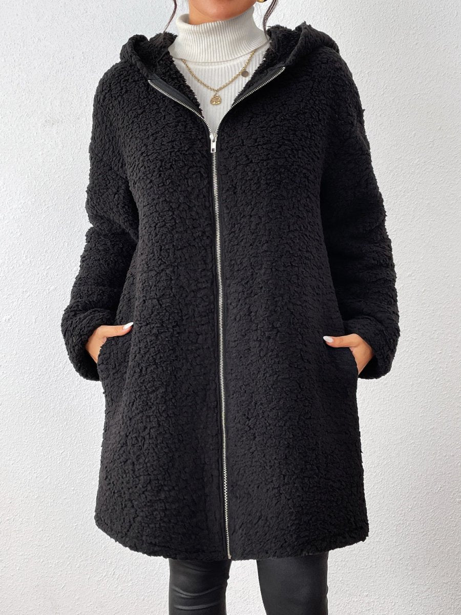 Zip Up Long Sleeve Sherpa Hooded Coat - S. M. & Co.