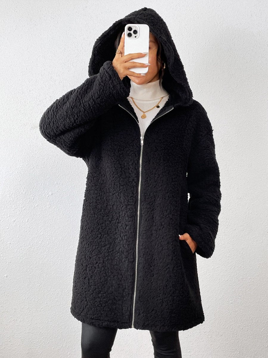 Zip Up Long Sleeve Sherpa Hooded Coat - S. M. & Co.