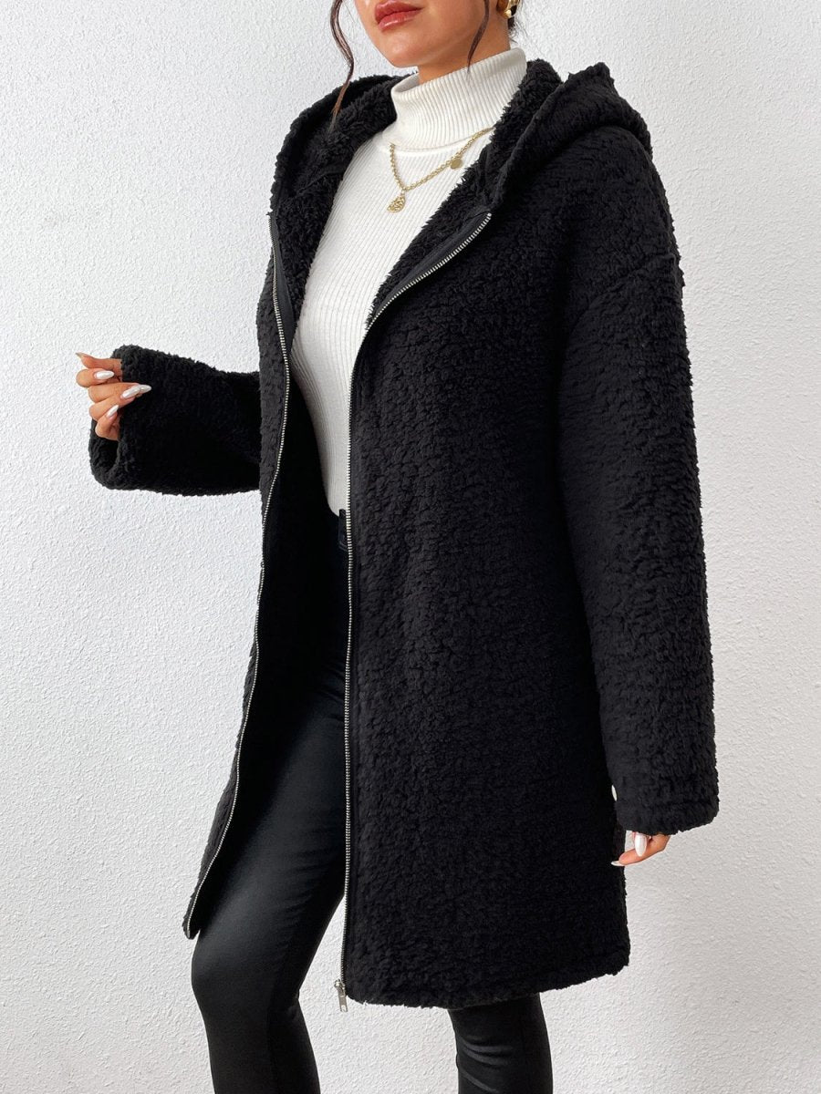 Zip Up Long Sleeve Sherpa Hooded Coat - S. M. & Co.