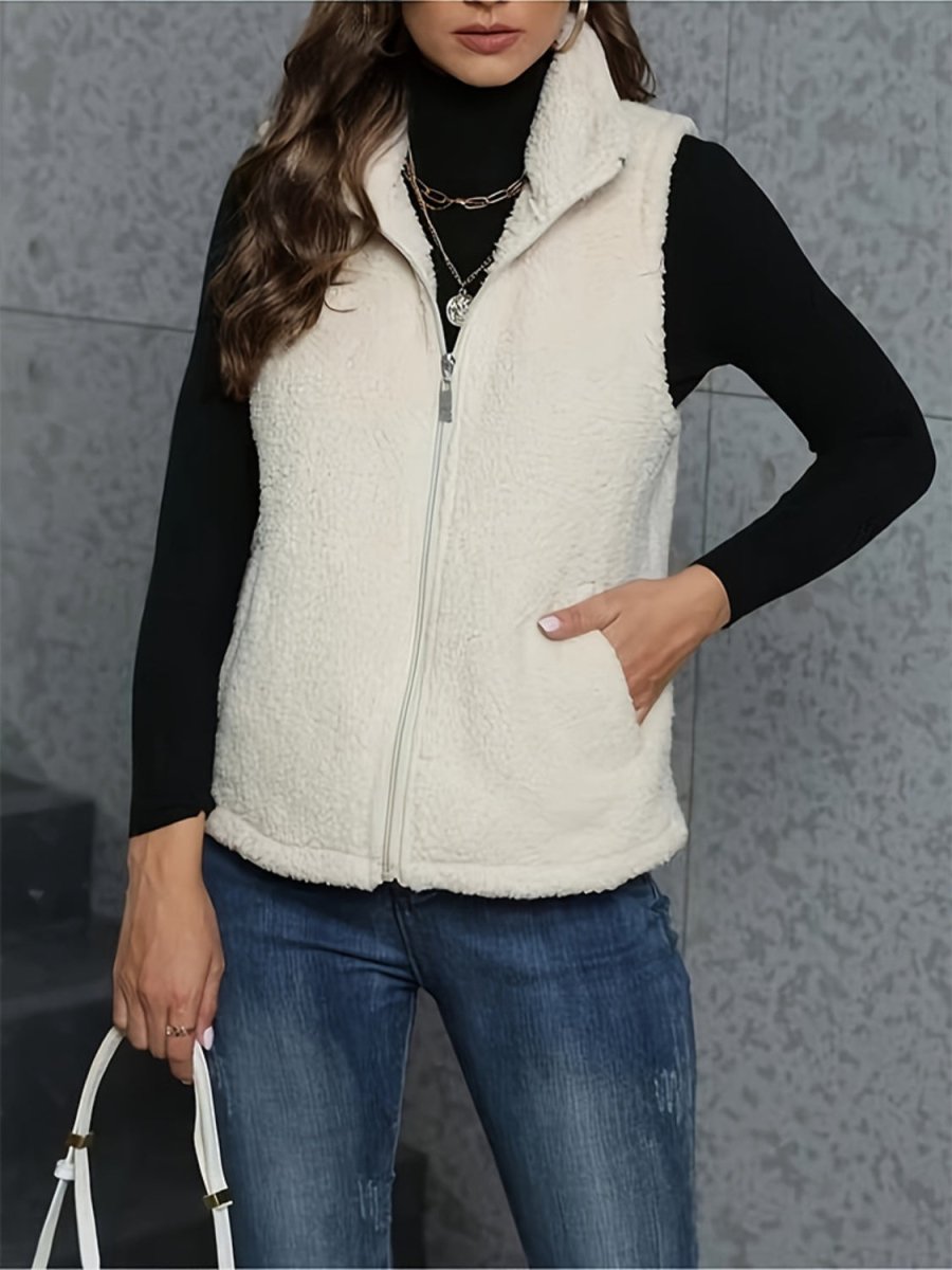 Zip Up Turtleneck Sherpa Vest Coat with Pockets - S. M. & Co.