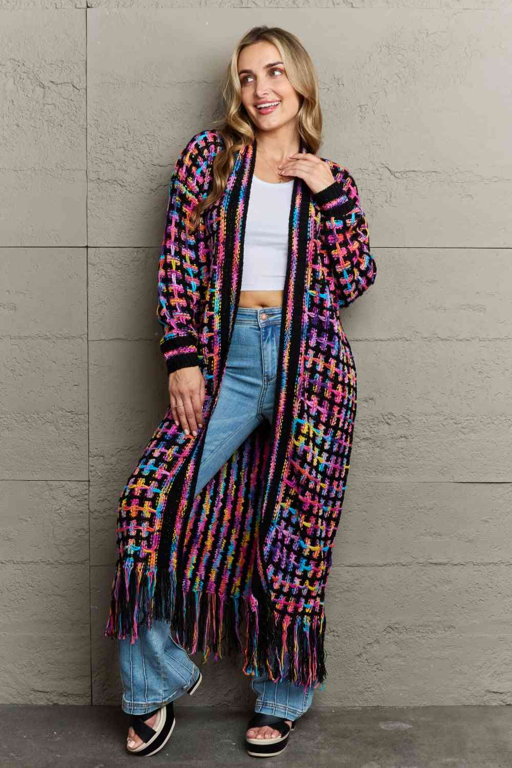 Angel Wings Full Size Multicolored Open Front Fringe Hem Cardigan - S. M. & Co. Cardigan