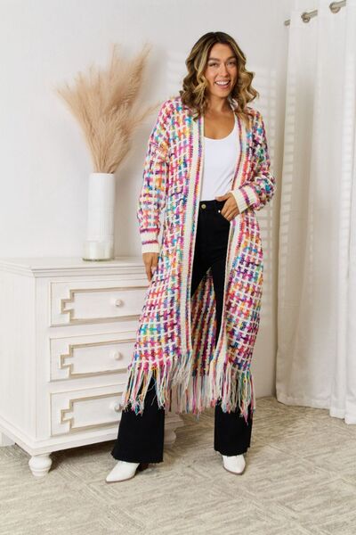 Angel Wings Full Size Multicolored Open Front Fringe Hem Cardigan - S. M. & Co. Cardigan