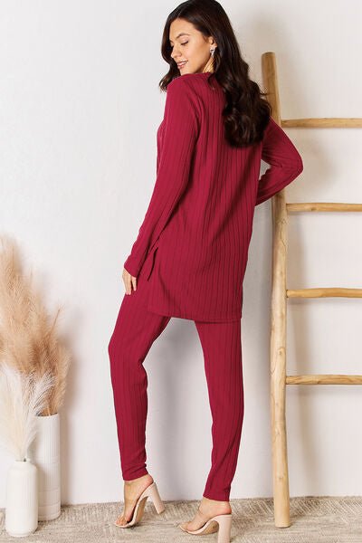 Basic Bae Full Size Notched Long Sleeve Top and Pants Set - S. M. & Co. Two Piece Sets/Tops & Bottoms