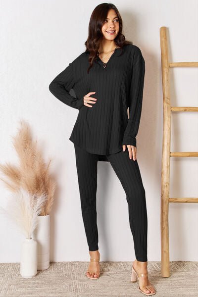 Basic Bae Full Size Notched Long Sleeve Top and Pants Set - S. M. & Co. Two Piece Sets/Tops & Bottoms