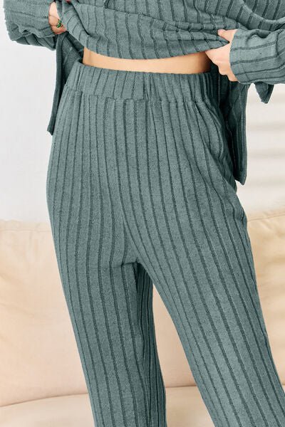 Basic Bae Full Size Ribbed Drawstring Hood Top and Straight Pants Set - S. M. & Co. Two Piece Sets/Tops & Bottoms