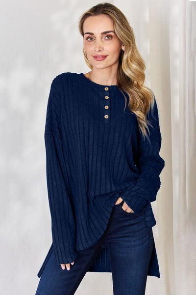 Basic Bae Full Size Ribbed Half Button Long Sleeve High-Low T-Shirt - S. M. & Co. T-Shirt