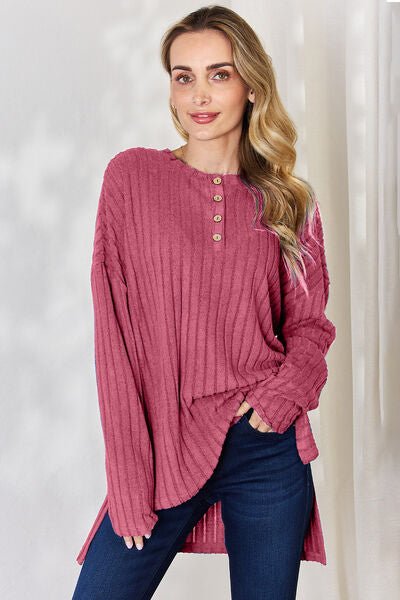 Basic Bae Full Size Ribbed Half Button Long Sleeve High-Low T-Shirt - S. M. & Co. T-Shirt