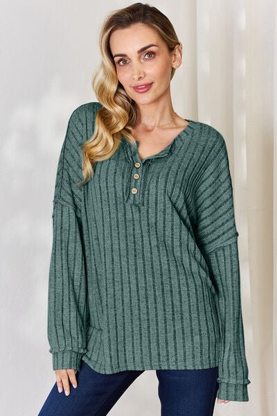 Basic Bae Full Size Ribbed Half Button Long Sleeve T-Shirt - S. M. & Co. T-Shirt