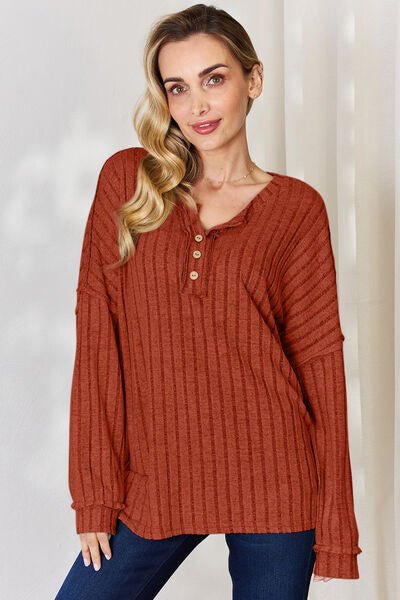 Basic Bae Full Size Ribbed Half Button Long Sleeve T-Shirt - S. M. & Co. T-Shirt