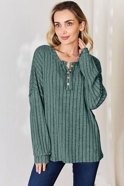 Basic Bae Full Size Ribbed Half Button Long Sleeve T-Shirt - S. M. & Co. T-Shirt