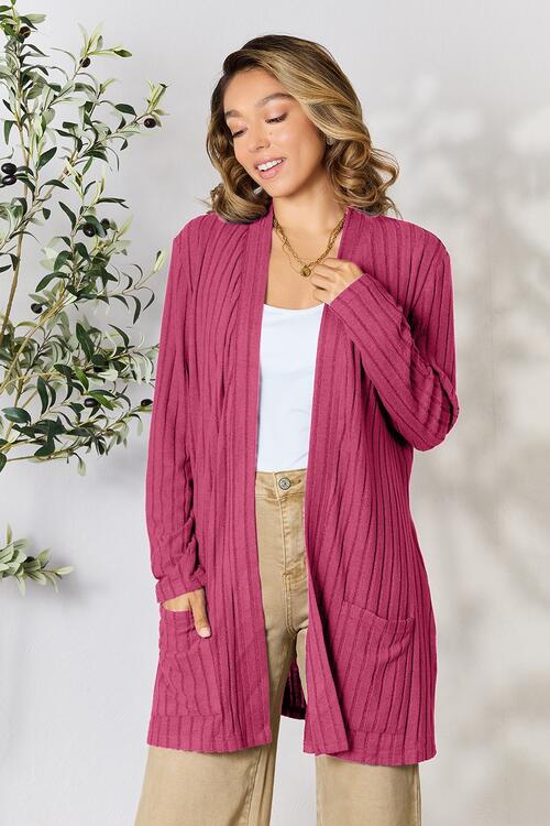 Basic Bae Full Size Ribbed Open Front Cardigan with Pockets - S. M. & Co. Cardigan