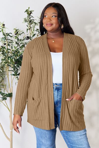 Basic Bae Full Size Ribbed Open Front Cardigan with Pockets - S. M. & Co. Cardigan