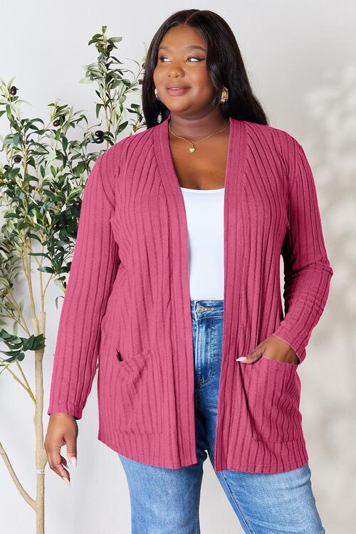 Basic Bae Full Size Ribbed Open Front Cardigan with Pockets - S. M. & Co. Cardigan