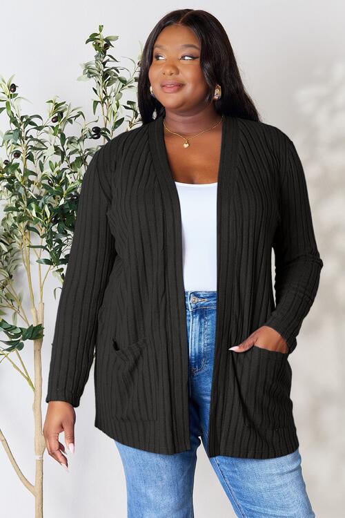 Basic Bae Full Size Ribbed Open Front Cardigan with Pockets - S. M. & Co. Cardigan