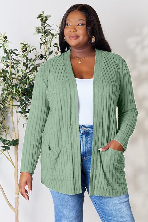 Basic Bae Full Size Ribbed Open Front Cardigan with Pockets - S. M. & Co. Cardigan