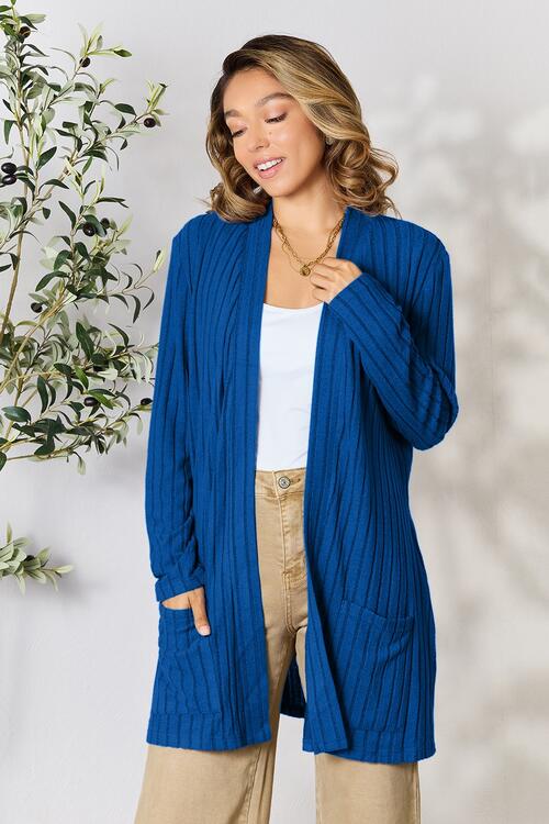 Basic Bae Full Size Ribbed Open Front Cardigan with Pockets - S. M. & Co. Cardigan