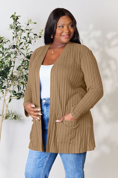 Basic Bae Full Size Ribbed Open Front Cardigan with Pockets - S. M. & Co. Cardigan