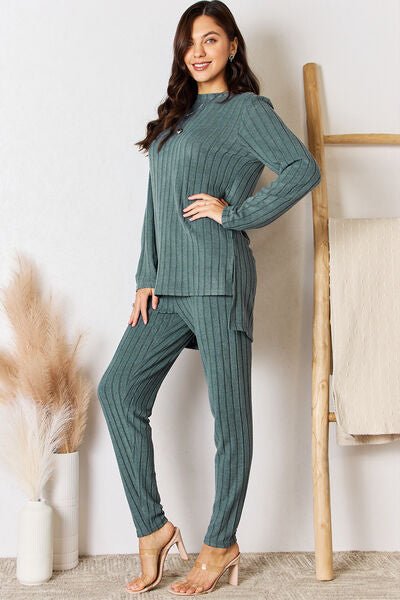 Basic Bae Full Size Ribbed Round Neck High-Low Slit Top and Pants Set - S. M. & Co. Two Piece Sets/Tops & Bottoms