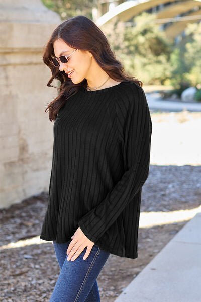 Basic Bae Full Size Ribbed Round Neck Long Sleeve Knit Top - S. M. & Co. Shirts & Tops