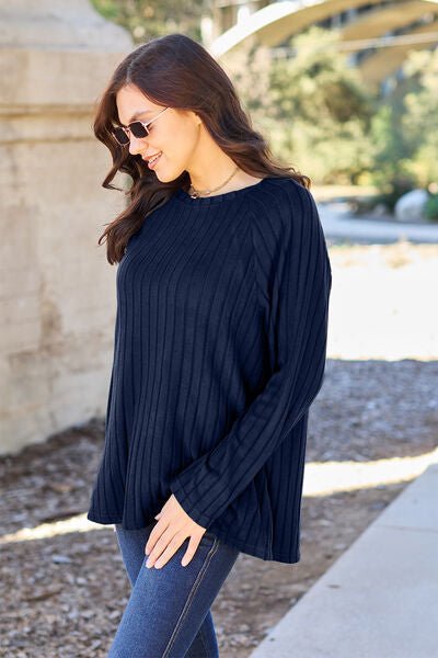 Basic Bae Full Size Ribbed Round Neck Long Sleeve Knit Top - S. M. & Co. Shirts & Tops