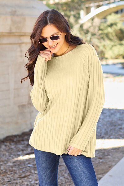 Basic Bae Full Size Ribbed Round Neck Long Sleeve Knit Top - S. M. & Co. Shirts & Tops