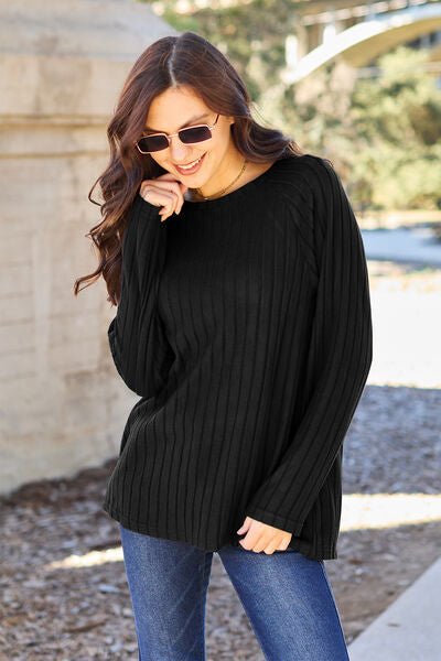 Basic Bae Full Size Ribbed Round Neck Long Sleeve Knit Top - S. M. & Co. Shirts & Tops