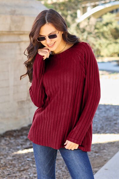 Basic Bae Full Size Ribbed Round Neck Long Sleeve Knit Top - S. M. & Co. Shirts & Tops