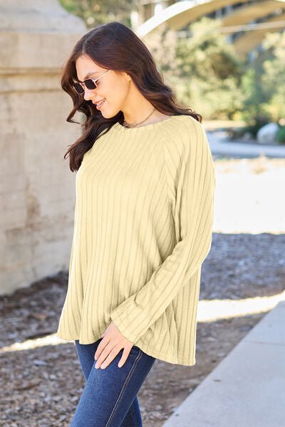 Basic Bae Full Size Ribbed Round Neck Long Sleeve Knit Top - S. M. & Co. Shirts & Tops