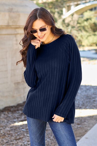 Basic Bae Full Size Ribbed Round Neck Long Sleeve Knit Top - S. M. & Co. Shirts & Tops