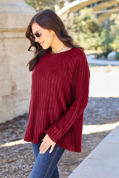 Basic Bae Full Size Ribbed Round Neck Long Sleeve Knit Top - S. M. & Co. Shirts & Tops