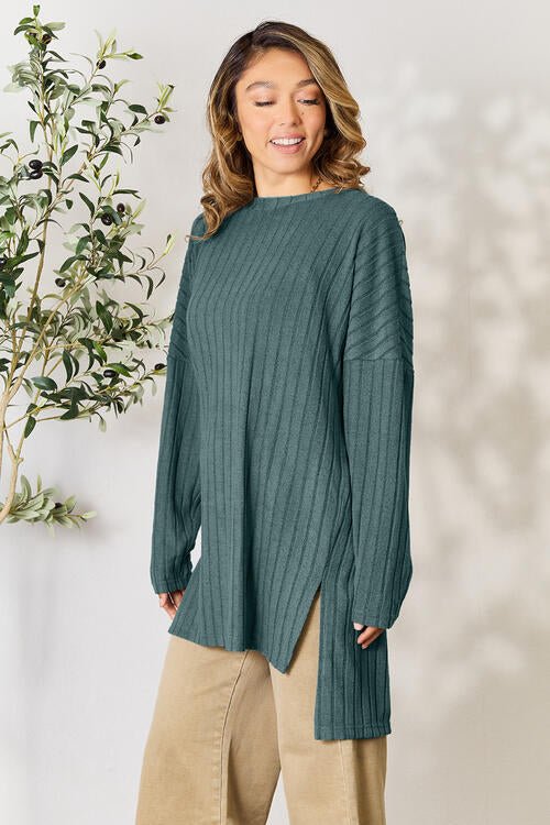 Basic Bae Full Size Ribbed Round Neck Long Sleeve Slit Top - S. M. & Co. Shirts & Tops