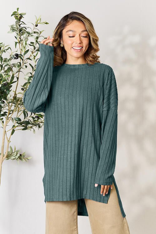 Basic Bae Full Size Ribbed Round Neck Long Sleeve Slit Top - S. M. & Co. Shirts & Tops