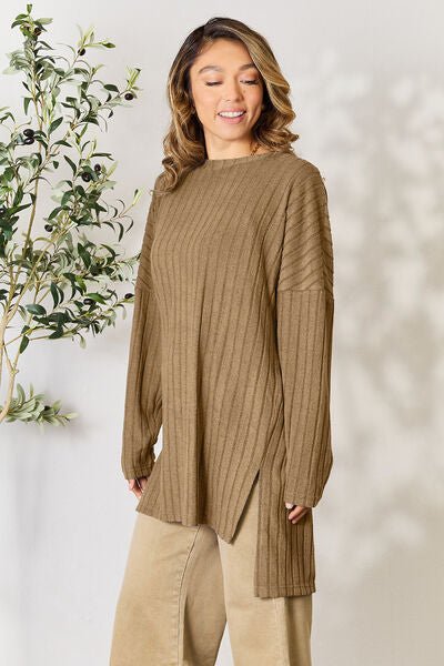 Basic Bae Full Size Ribbed Round Neck Long Sleeve Slit Top - S. M. & Co. Shirts & Tops