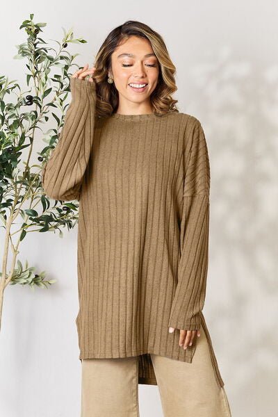 Basic Bae Full Size Ribbed Round Neck Long Sleeve Slit Top - S. M. & Co. Shirts & Tops