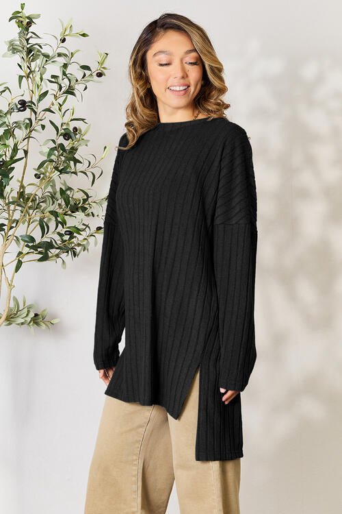 Basic Bae Full Size Ribbed Round Neck Long Sleeve Slit Top - S. M. & Co. Shirts & Tops