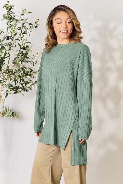 Basic Bae Full Size Ribbed Round Neck Long Sleeve Slit Top - S. M. & Co. Shirts & Tops