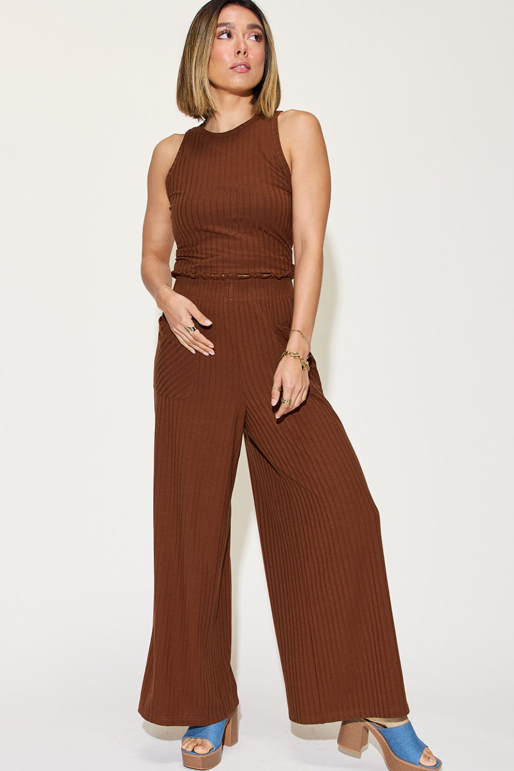 Basic Bae Full Size Ribbed Tank and Wide Leg Pants Set - S. M. & Co. Two Piece Sets/Tops & Bottoms