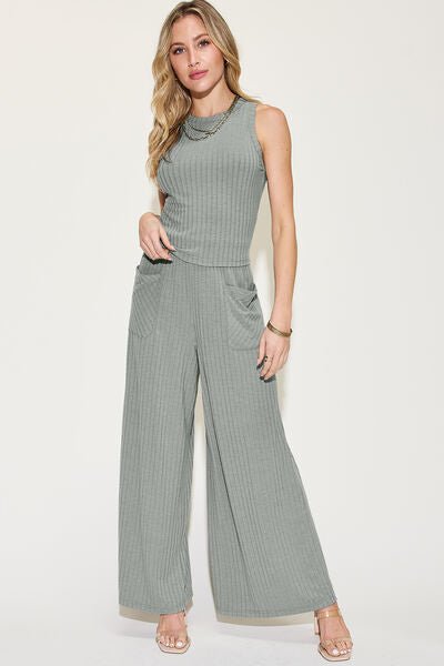 Basic Bae Full Size Ribbed Tank and Wide Leg Pants Set - S. M. & Co. Two Piece Sets/Tops & Bottoms