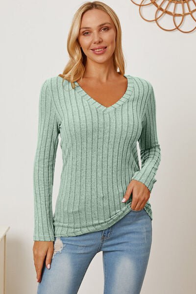 Basic Bae Full Size Ribbed V-Neck Long Sleeve T-Shirt - S. M. & Co. T-Shirt