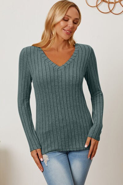 Basic Bae Full Size Ribbed V-Neck Long Sleeve T-Shirt - S. M. & Co. T-Shirt