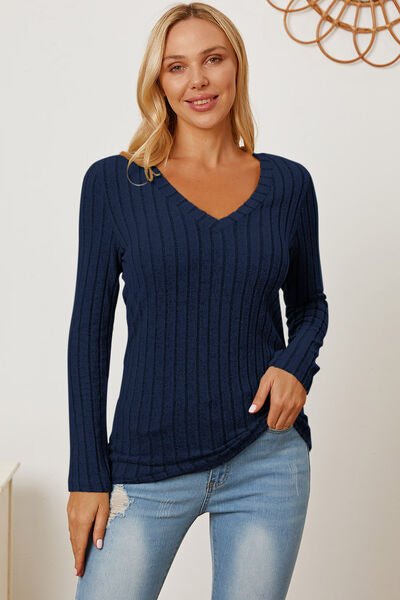 Basic Bae Full Size Ribbed V-Neck Long Sleeve T-Shirt - S. M. & Co. T-Shirt