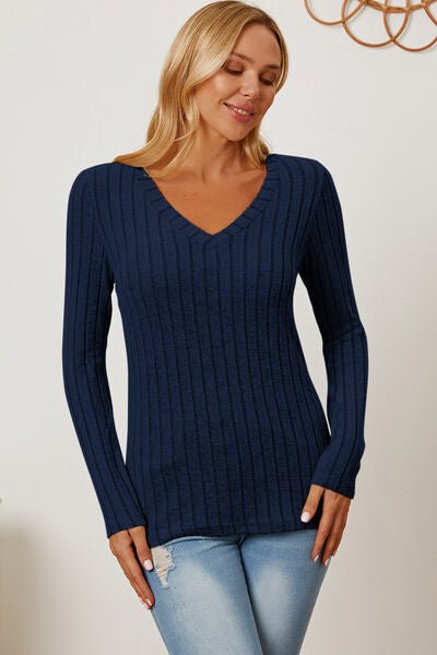 Basic Bae Full Size Ribbed V-Neck Long Sleeve T-Shirt - S. M. & Co. T-Shirt