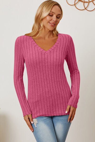 Basic Bae Full Size Ribbed V-Neck Long Sleeve T-Shirt - S. M. & Co. T-Shirt