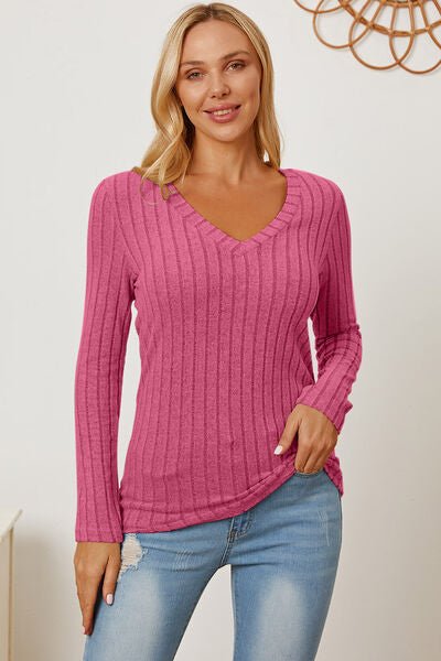 Basic Bae Full Size Ribbed V-Neck Long Sleeve T-Shirt - S. M. & Co. T-Shirt